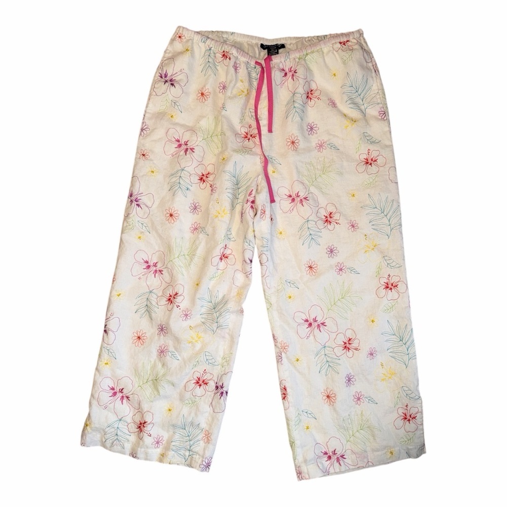 Saint Tropez West‎ Linen Floral Embroidered Pants 18W Resort Beach Lounge AG1